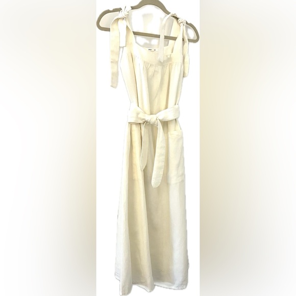 Emerson Fry Izzy Linen Lined Midi Dress w/ Bow Straps and Pockets in Salt/White - Picture 6 of 8